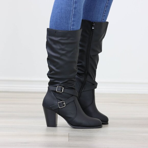 Black Mid Calf Block Heeled Boots Synthetic Leather Pointed Toe Womens - Picture 3 of 16